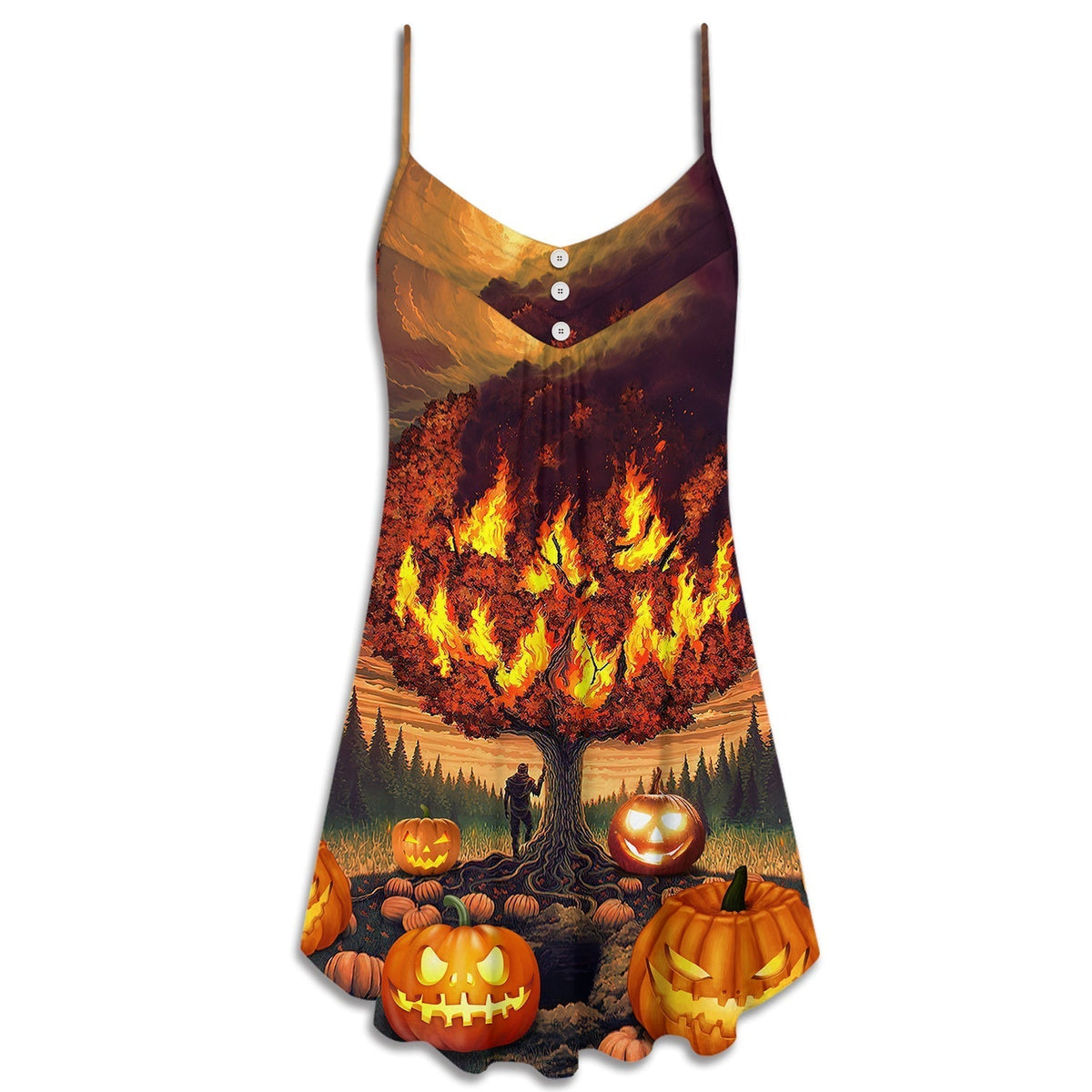 Halloween Burning Pumpkin Night V-Neck Sleeveless Cami Dress For Spooky Season Events And Relaxed Casual Styling