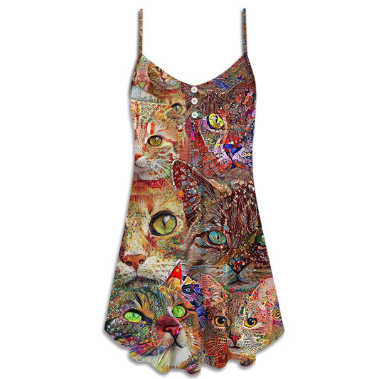 Colorful Cat Art Lover – Women's Summer Sleeveless V-Neck Camisole Dress