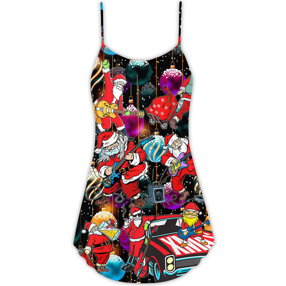 Santa Guitar Music Holiday V-Neck Sleeveless Cami Dress For Beach Trips Parties And Relaxed Warm Weather Style