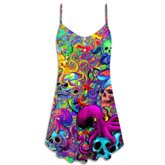 Hippie Skull Octopus Colorful Tie Dye – Women's Summer Sleeveless V-Neck Camisole Dress