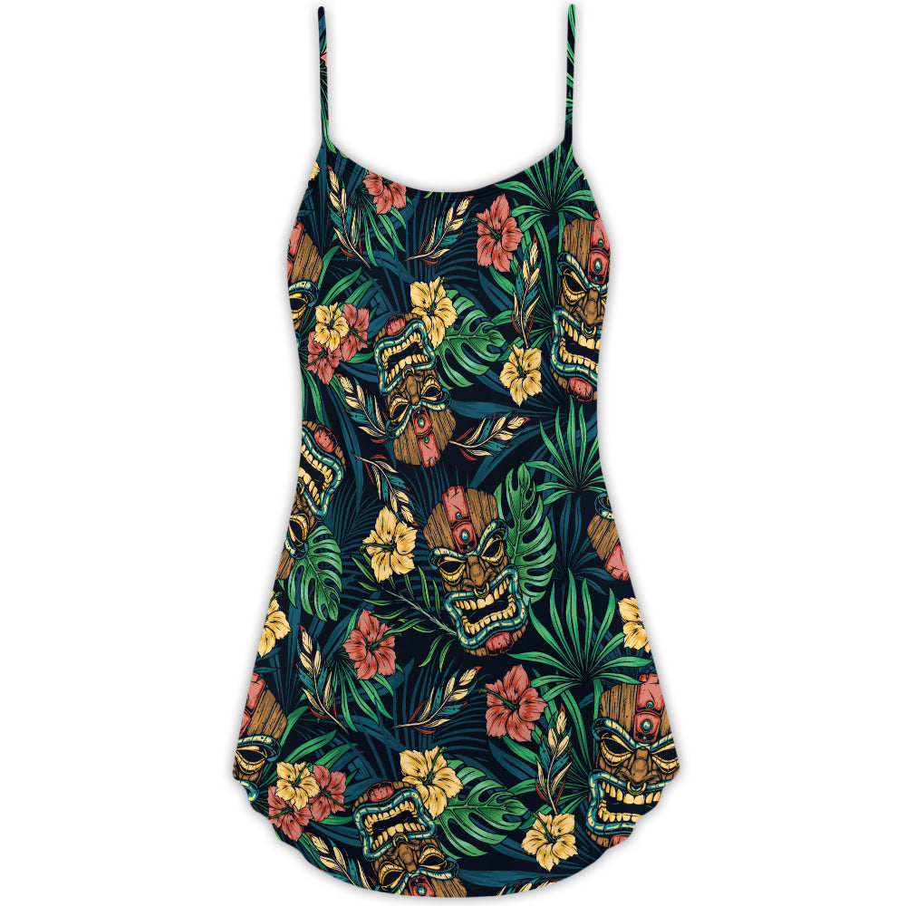 Tiki Tropical Leaves Hawaii Style V-Neck Sleeveless Cami Dress For Beach Trips And Relaxed Vacation Style