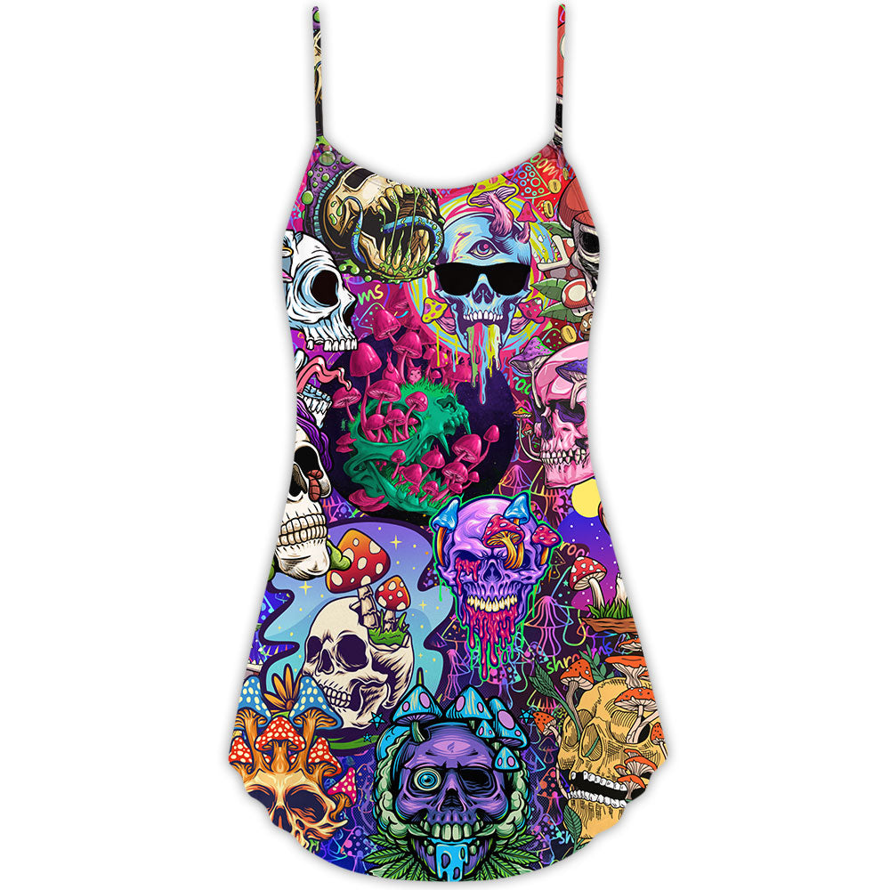 Hippie Mushroom Skull Colorful V-Neck Sleeveless Cami Dress For Festivals And Distinctive Alternative Styling