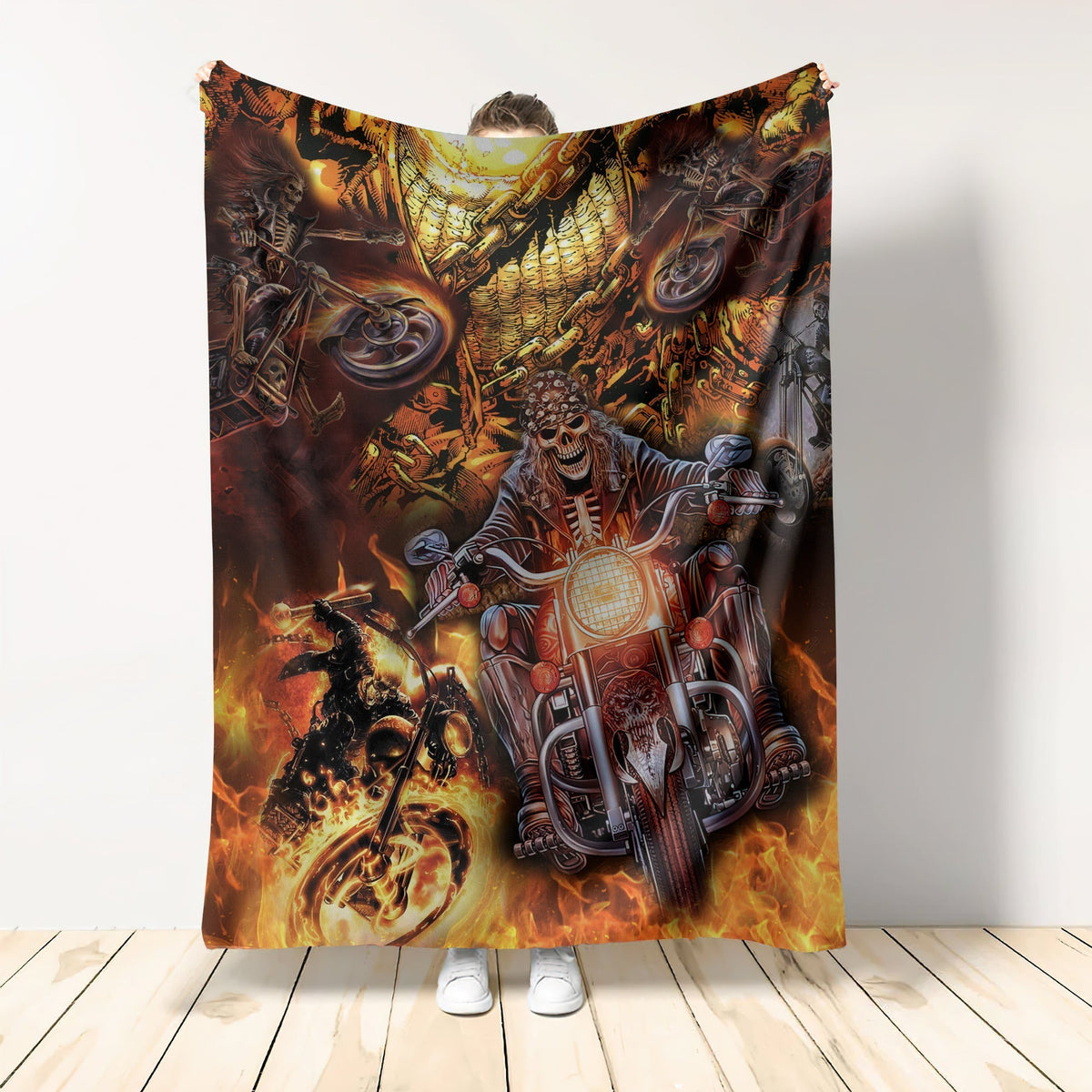 Skull Motorcycle Racing Fast Fire Flannel Blanket For Cozy Bedroom Sofa Decor