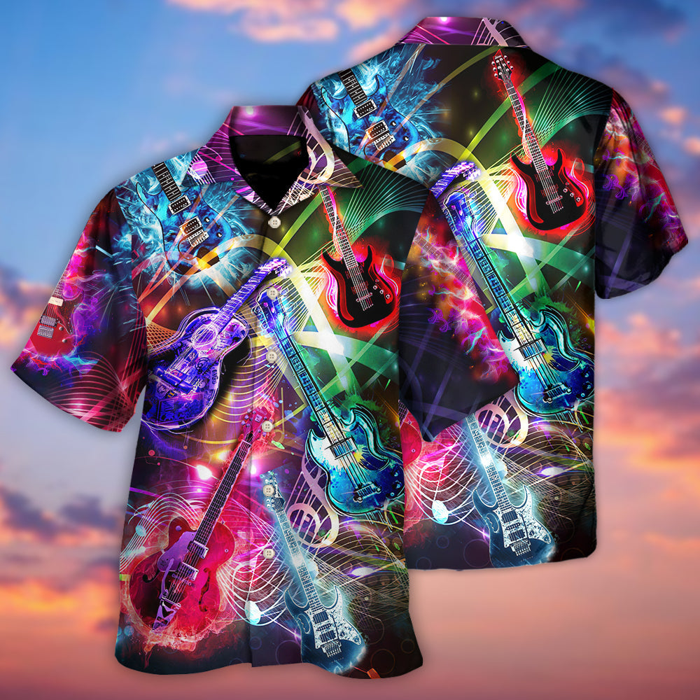 Neon Guitar Amazing Hawaiian Shirt Design Detail For Sunny Adventures And Casual Wear