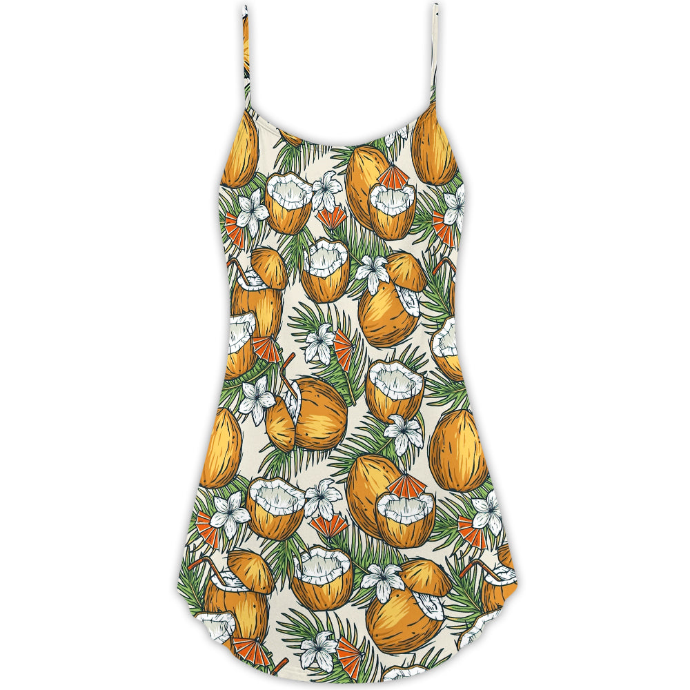 Tiki Tribal Mask Coconut Tropical V-Neck Sleeveless Cami Dress For Summer Events And Comfortable Everyday Style