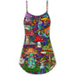 Hippie Mushroom Peace Lover V-Neck Sleeveless Cami Dress For Summer Getaways Parties And Expressive Hippie Style