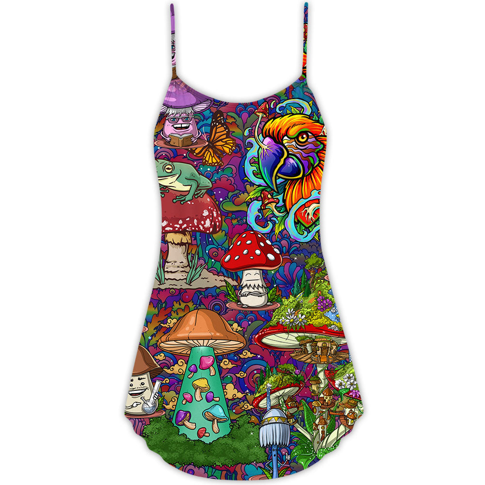 Hippie Mushroom Peace Lover V-Neck Sleeveless Cami Dress For Summer Getaways Parties And Expressive Hippie Style
