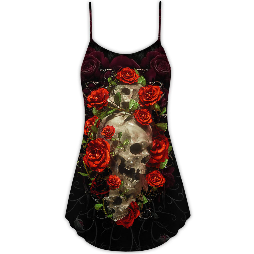 Skull And Roses Art V-Neck Sleeveless Cami Dress For Creative Festivals And Dramatic Warm Weather Fashion