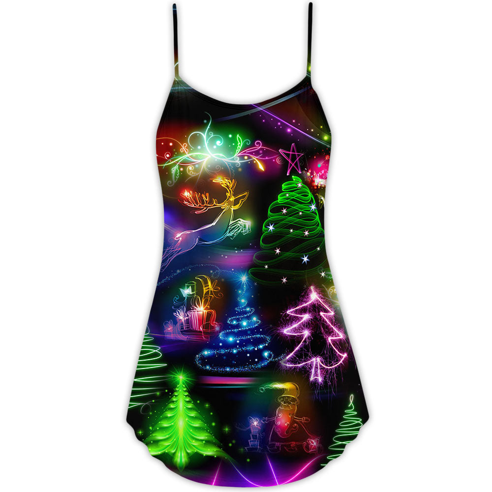 Christmas Neon Tree Snowman Style V-Neck Sleeveless Cami Dress For Festive Events And Casual Summer Styling