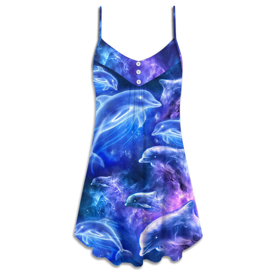 Dolphin Galaxy Neon Glow – Women's Summer Sleeveless V-Neck Camisole Dress