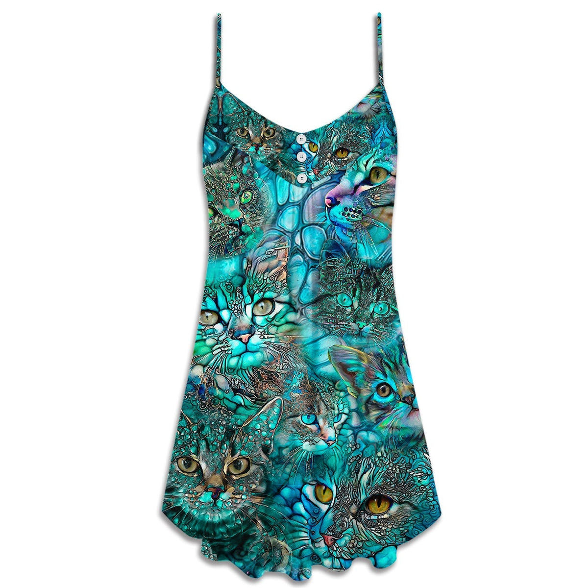 Blue Cat Art Lover Colorful V-Neck Sleeveless Cami Dress For Beach Trips Parties And Relaxed Warm Weather Style