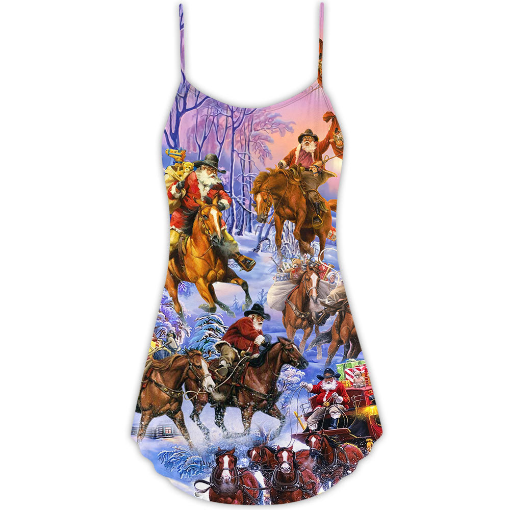 Santa And Horse Holiday V-Neck Sleeveless Cami Dress For Seasonal Parties Festivals And Relaxed Everyday Outfits