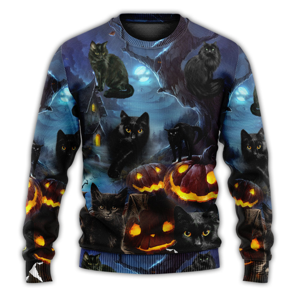 Halloween Black Cat Dark Night Sweater For Art Fans Travel Parties And Distinctive Casual Style