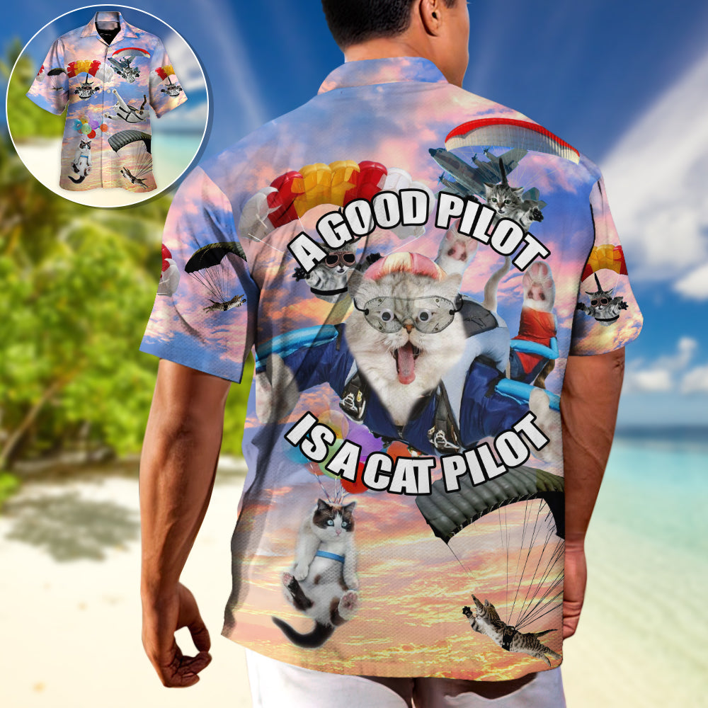 Parasailing Cat Hawaiian Shirt For Summer Vacation, Beach Travel, And Casual Wear