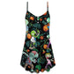 Halloween Zombie Tropical Pumpkin Scary V-Neck Sleeveless Cami Dress For Vacations And Casual Warm Weather Wear
