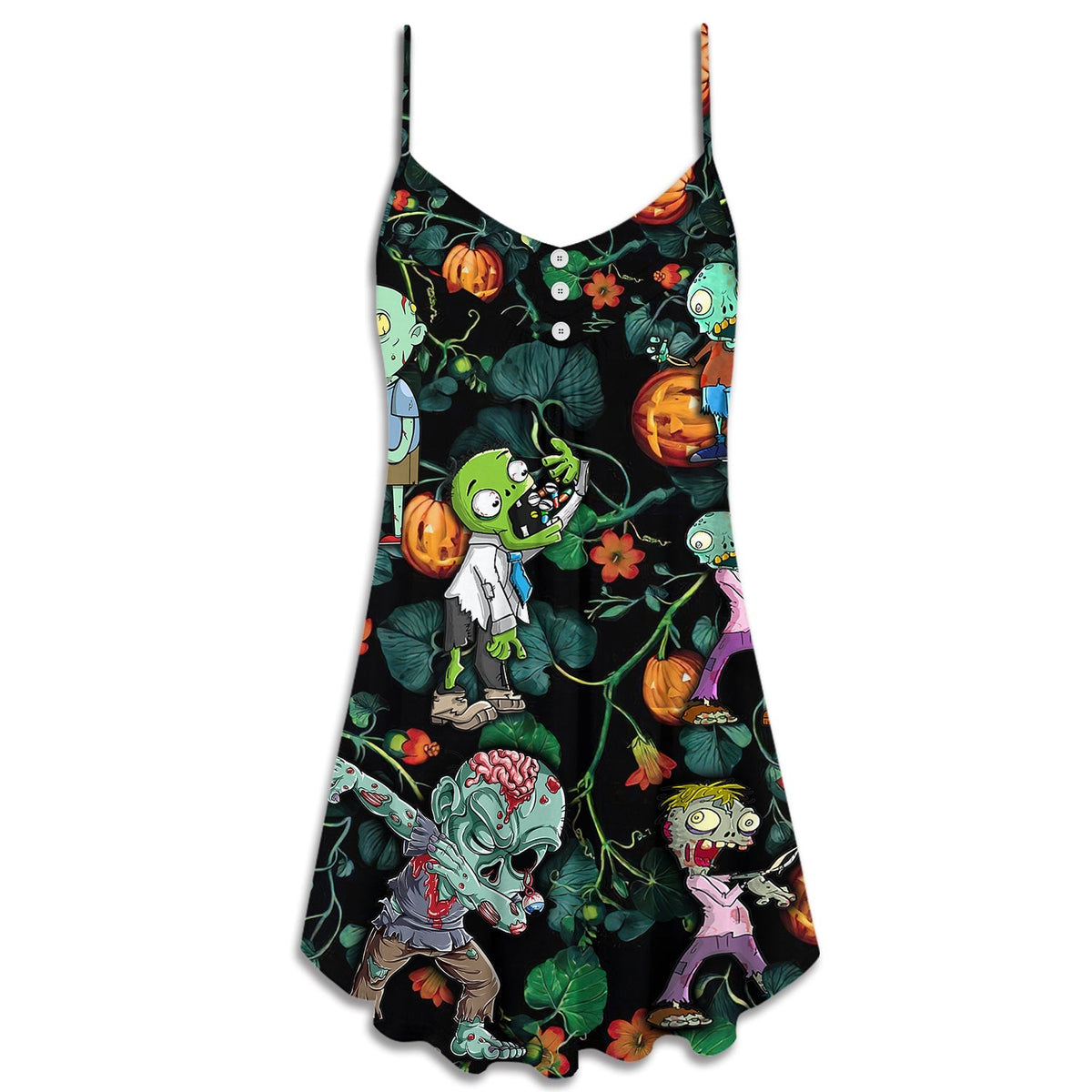 Halloween Zombie Tropical Pumpkin Scary V-Neck Sleeveless Cami Dress For Vacations And Casual Warm Weather Wear