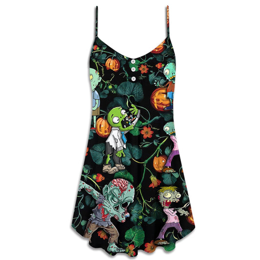Halloween Zombie Tropical Pumpkin Scary – Women's Summer Sleeveless V-Neck Camisole Dress