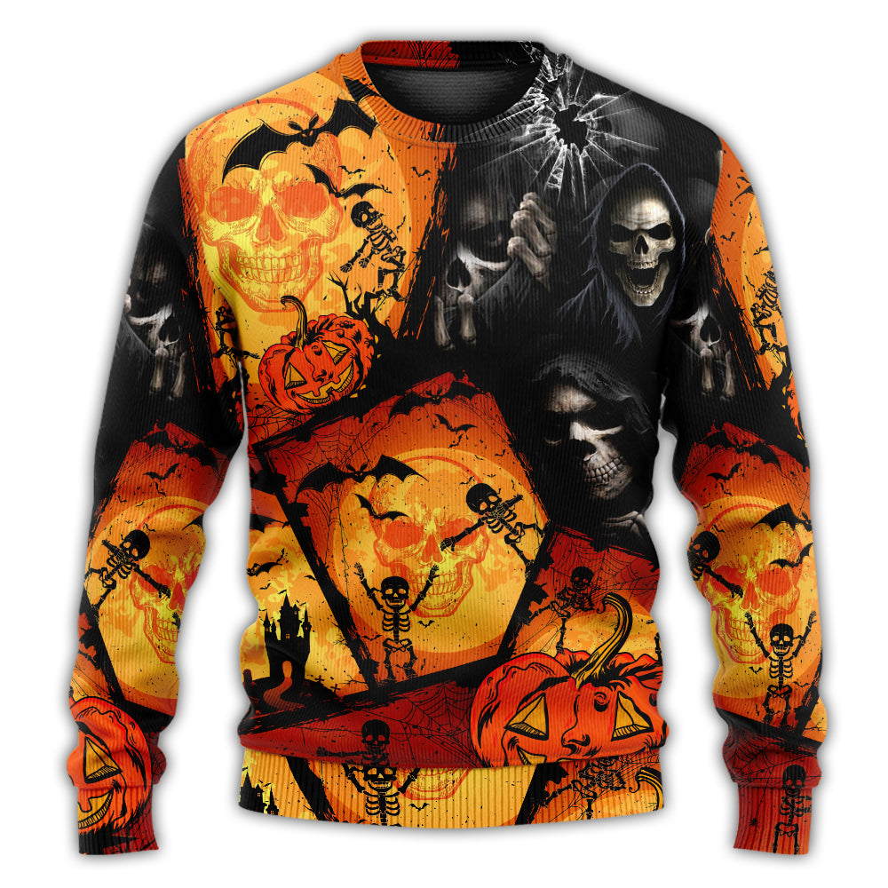 Halloween Skull Pumpkin Night Sweater For Art Lovers Holidays Parties And Comfortable Wear