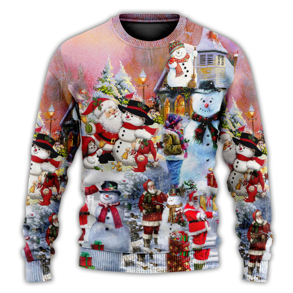 Santa And Snowman Snow Village Sweater For Holiday Travel Winter Outings And Cheerful Gift Giving