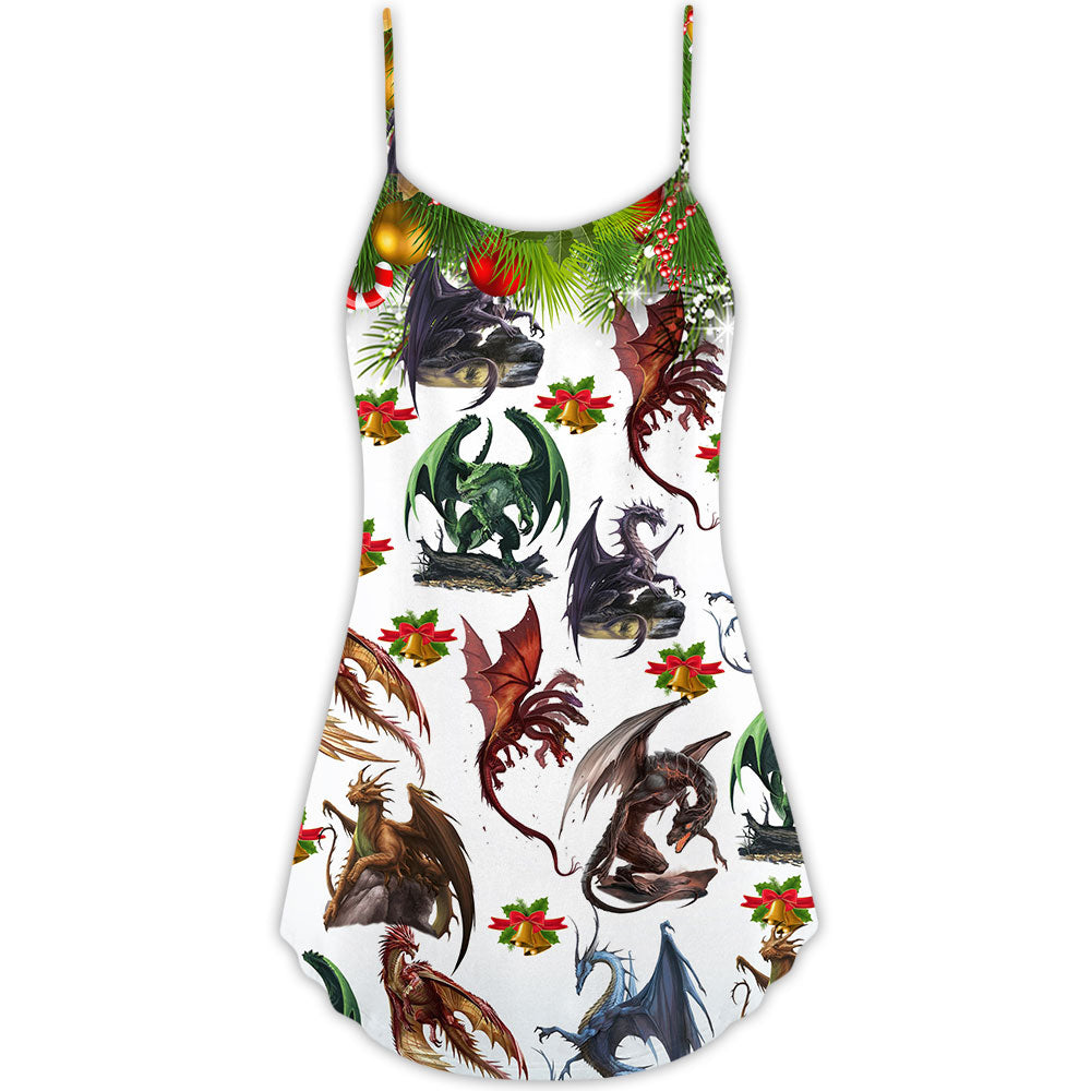 Dragon Christmas Art Theme V-Neck Sleeveless Cami Dress For Festive Events And Casual Summer Styling