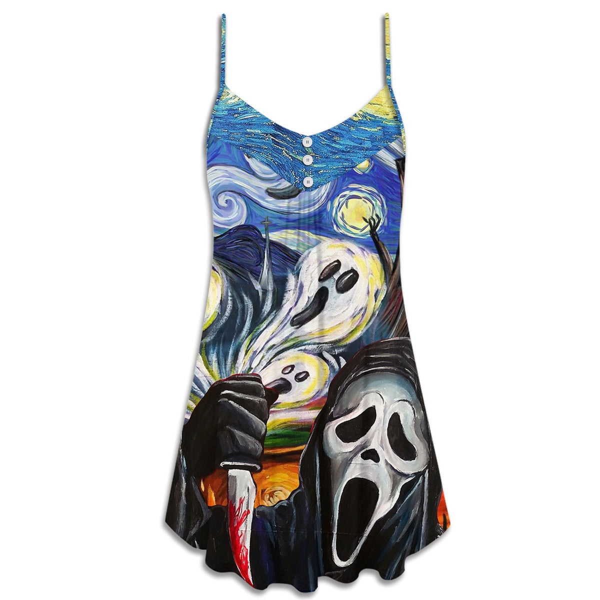 Halloween Ghost Starry Night Funny V-Neck Sleeveless Cami Dress For Summer Events And Comfortable Everyday Style