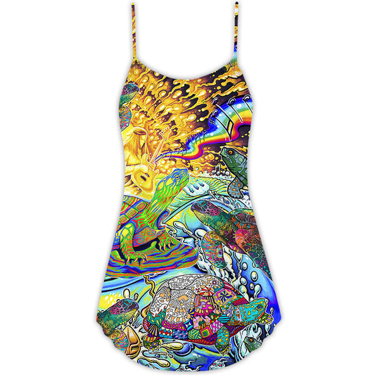 Hippie Turtle Colorful Peace – Women's Summer Sleeveless V-Neck Camisole Dress