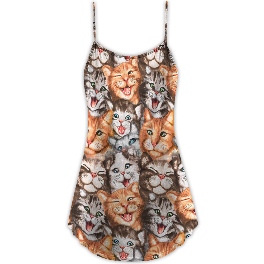 Cute Funny Cat Happy Life V-Neck Sleeveless Cami Dress For Festivals Travel And Relaxed Casual Summer Wear