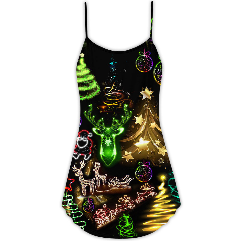 Christmas Neon Tree And Snowman Cool V-Neck Sleeveless Cami Dress For Vacations And Casual Warm Weather Wear
