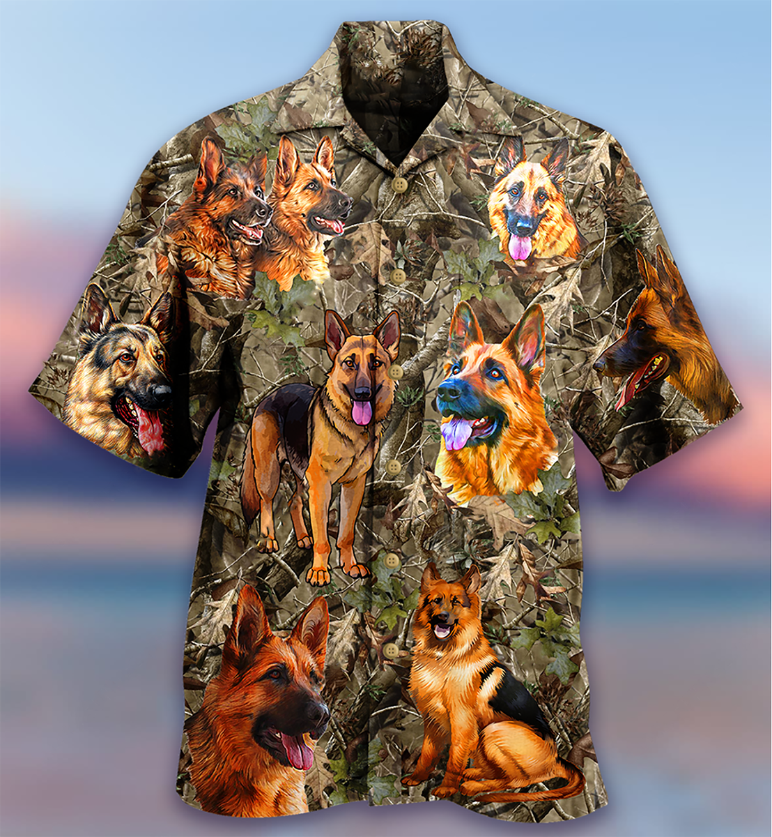 Dog German Shepherd Hunting Hawaiian Shirt Artwork Detail For Tropical Trips And Casual Outings