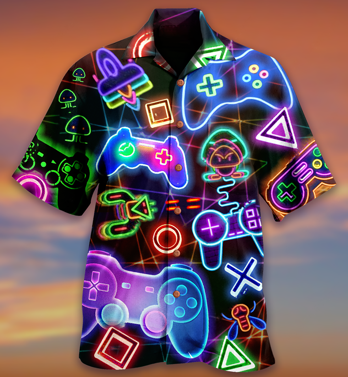 Neon Game Hawaiian Shirt Pattern View For Relaxed Warm Weather Outfits