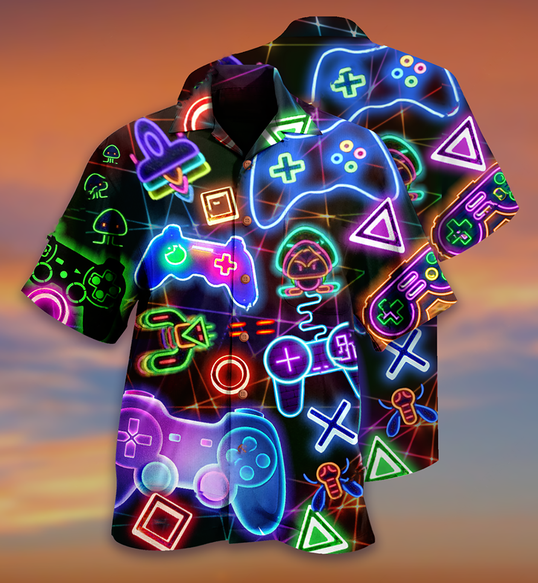 Neon Game Hawaiian Shirt Artwork Detail For Resort Trips And Outdoor Activities