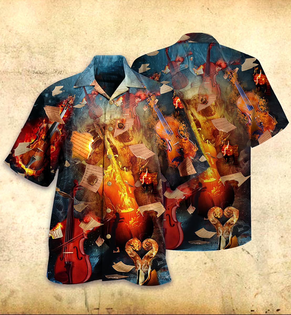Flame Violin Hawaiian Shirt With Detailed Graphic For Tropical Parties Vacation Travel And Casual Summer Style