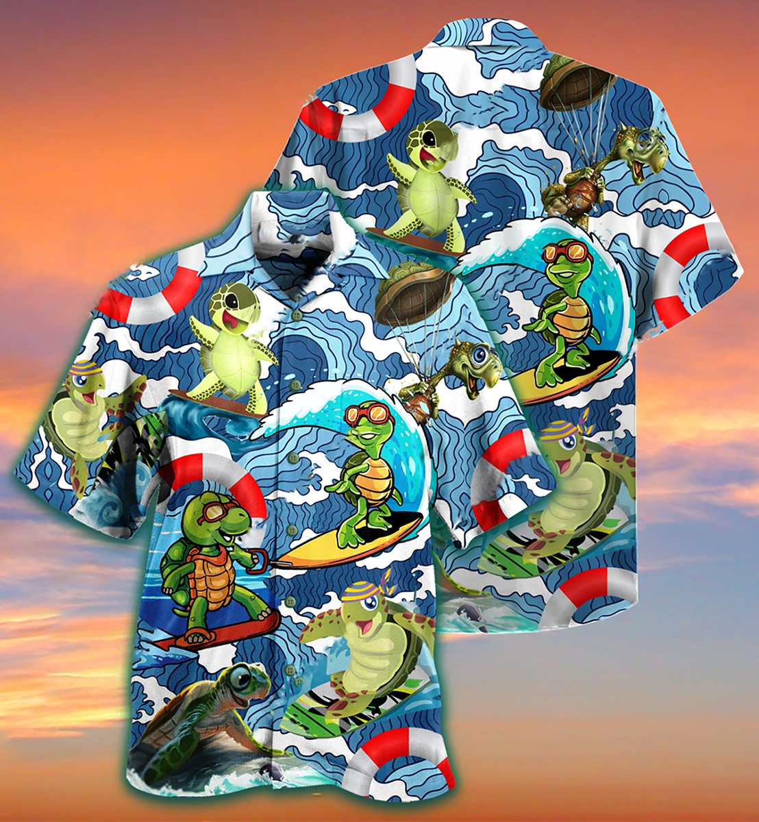 Happy Turtle Surf Hawaiian Shirt Pattern Detail For Vacation Travel And Daily Wear