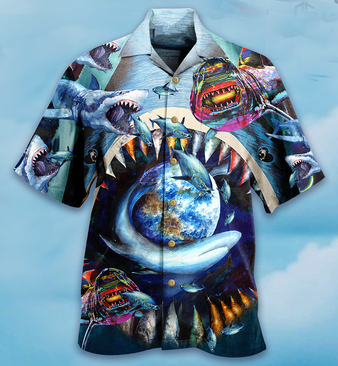 Earth Shark Hawaiian Shirt For Coastal Adventures And Warm Weather Wear