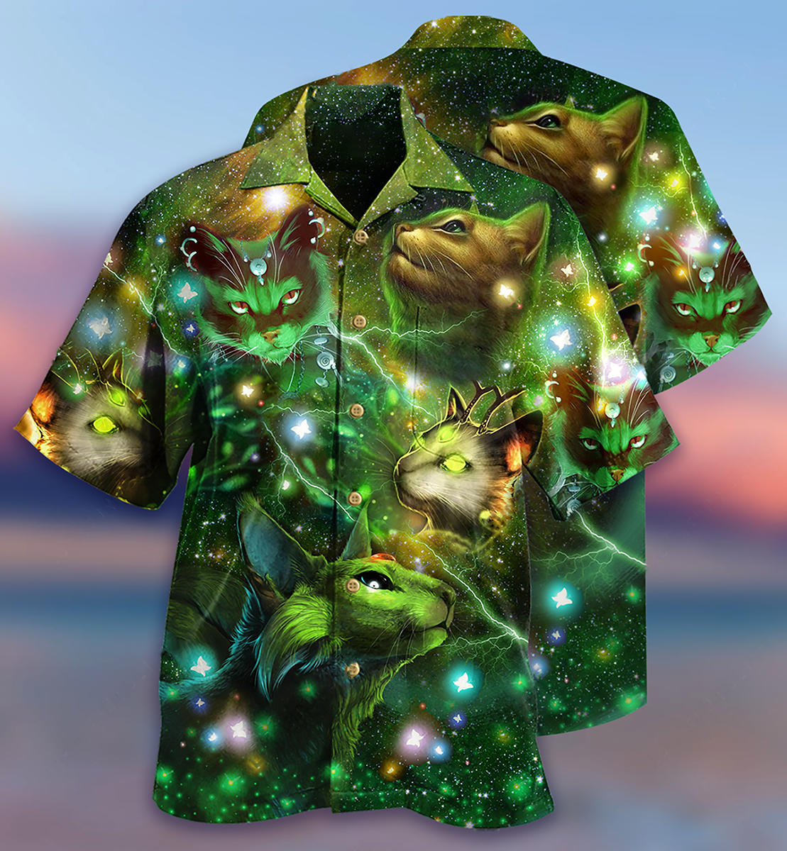 Mystical Cat Night Star Hawaiian Shirt Pattern Detail For Summer Holidays And Outdoor Fun