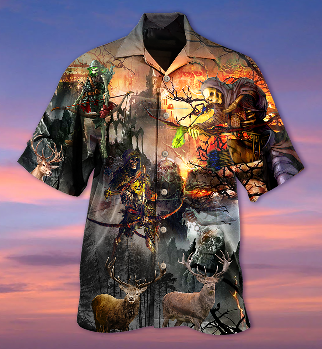 Skull Hunting Hawaiian Shirt Design View For Casual Summer Styling