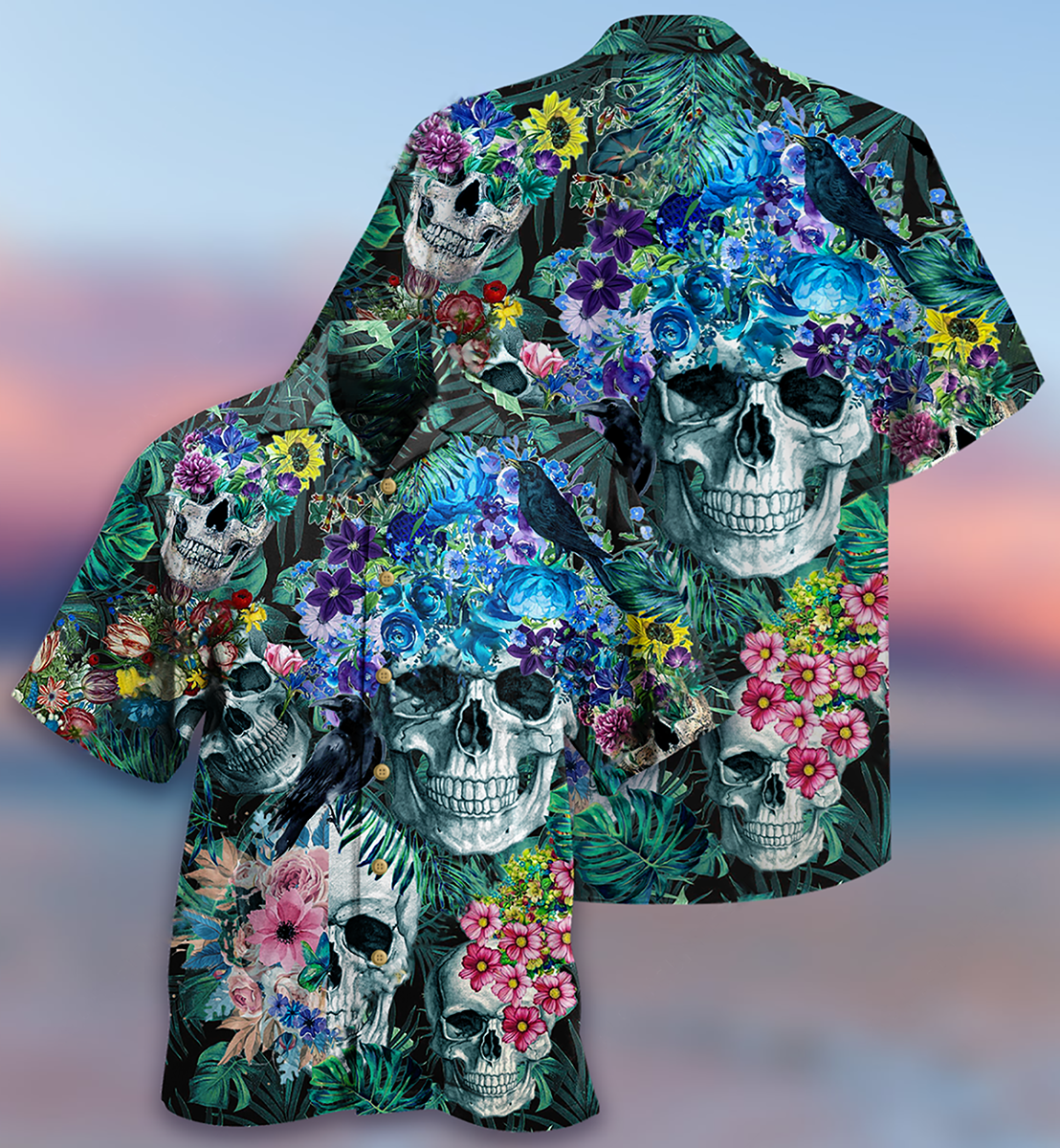 Floral Happy Skull Smiling Hawaiian Shirt Artwork View For Coastal Escapes And Resort Style