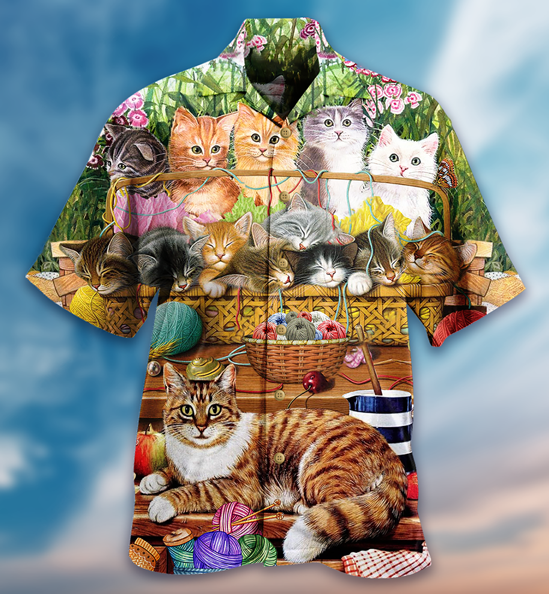 Cute Vintage Cat Wool Roll Hawaiian Shirt Artwork View For Weekend Travel And Beach Style