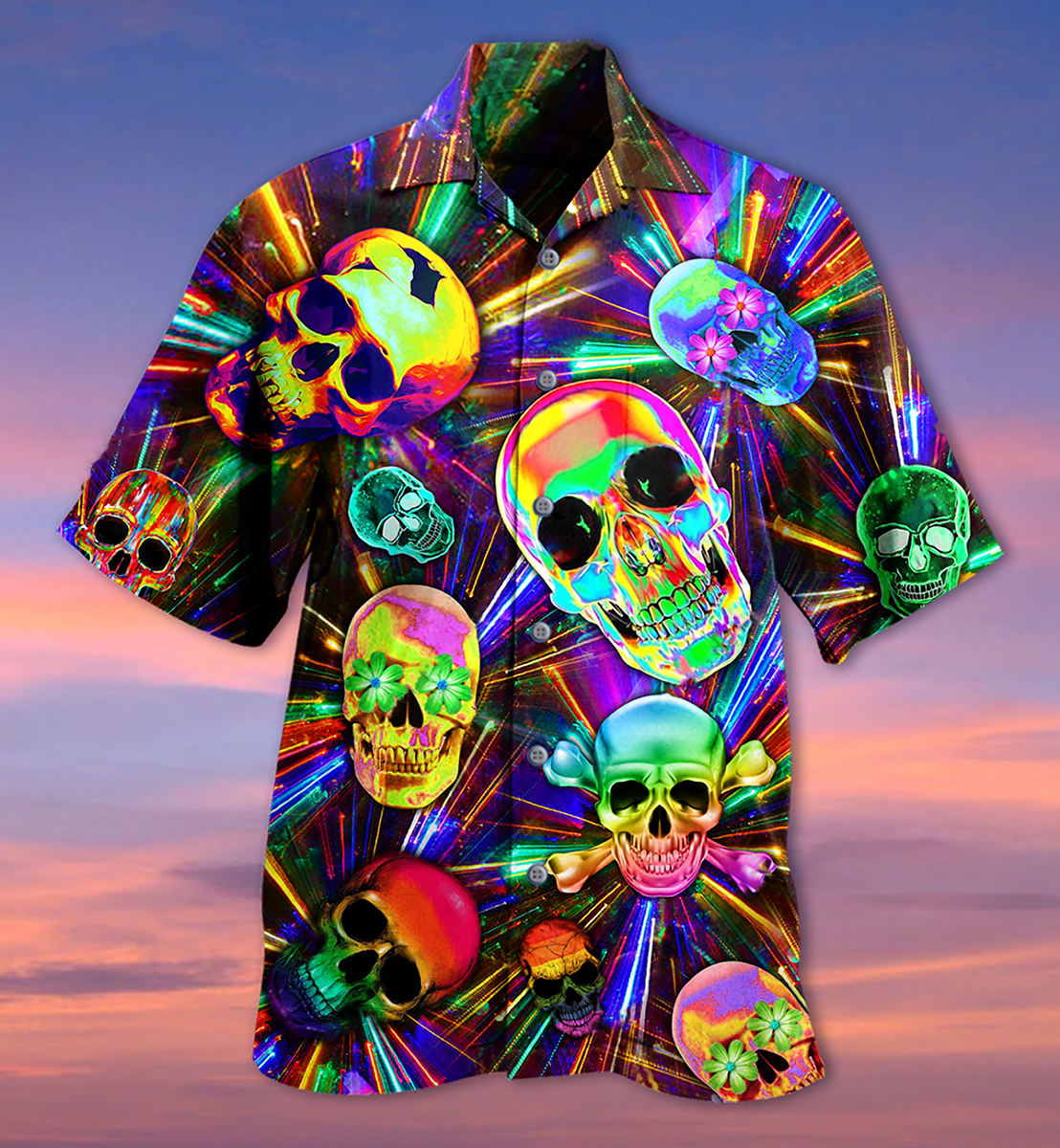 Colorful Cute Skull Hawaiian Shirt With All Over Print For Beach Vacations Casual Parties And Warm Weather Style