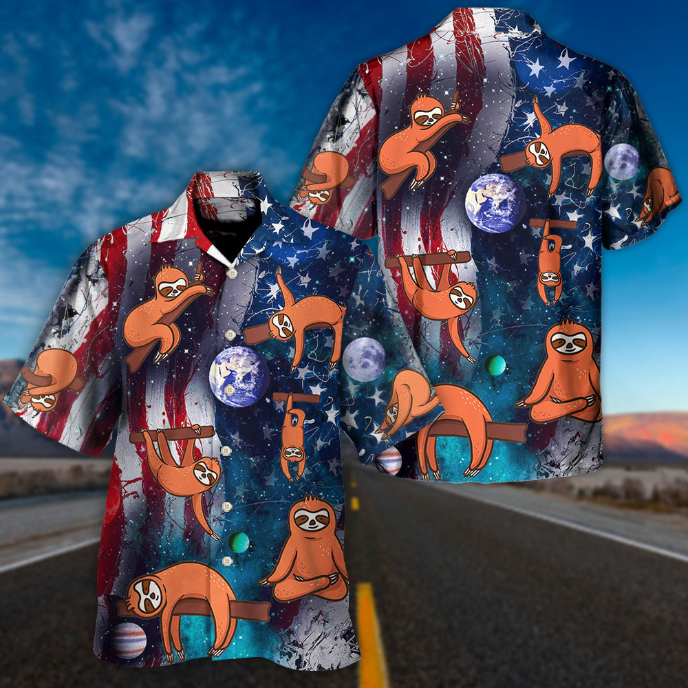Cute Yoga Independence Day Sloth Hawaiian Shirt For American Pride, Coastal Getaways, And Relaxed Warm Weather Outfits