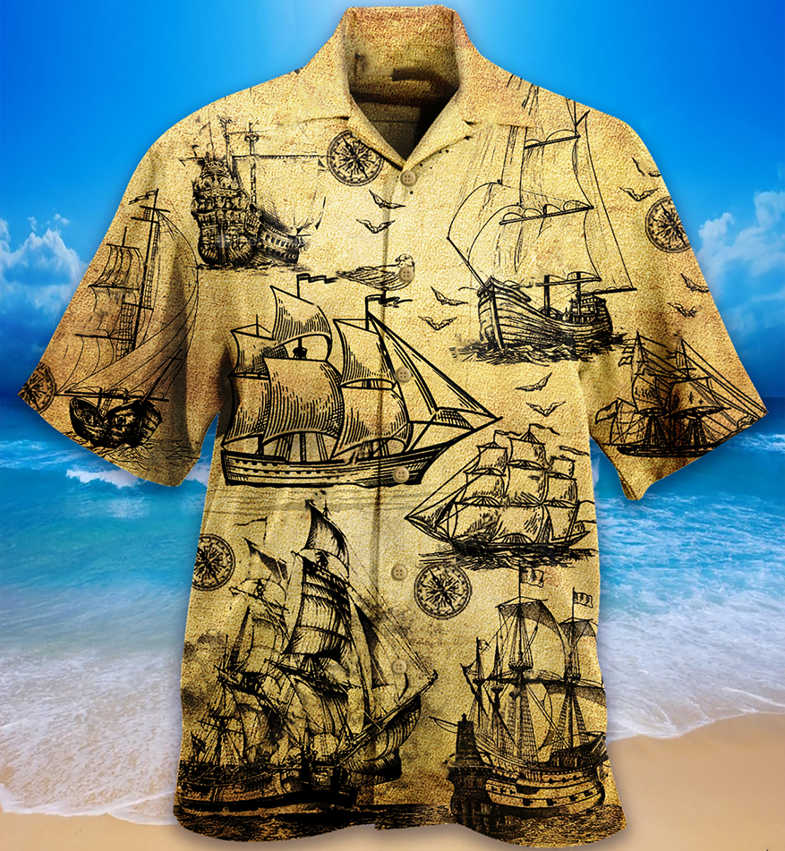 Vintage Sailing Beautiful Hawaiian Shirt Design Detail For Beach Days And Holiday Travel