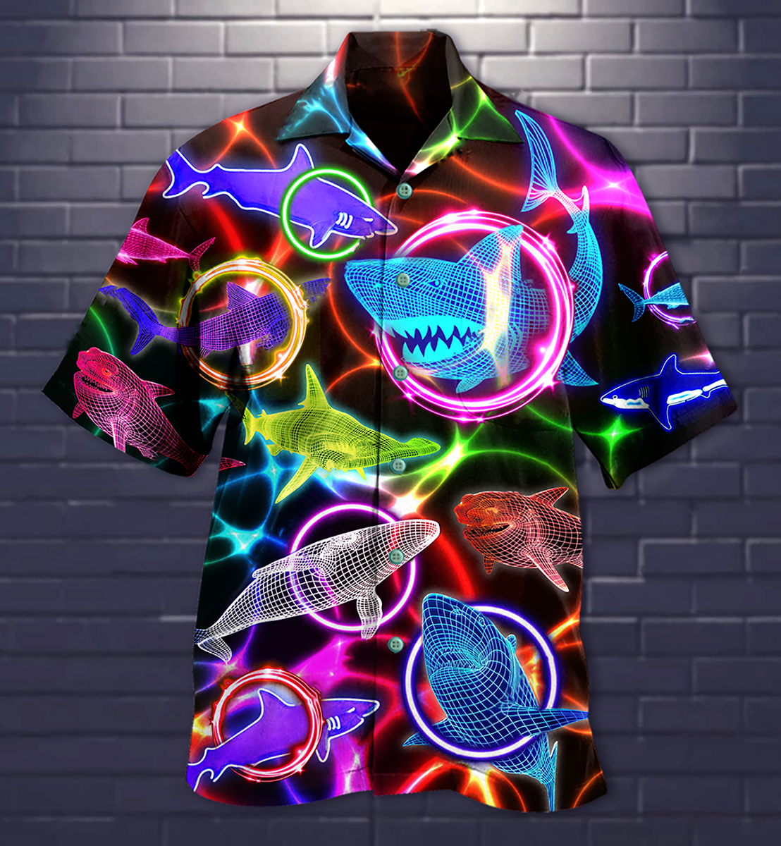 Neon Shark Circle Hawaiian Shirt For Vacation Days And Relaxed Coastal Outings