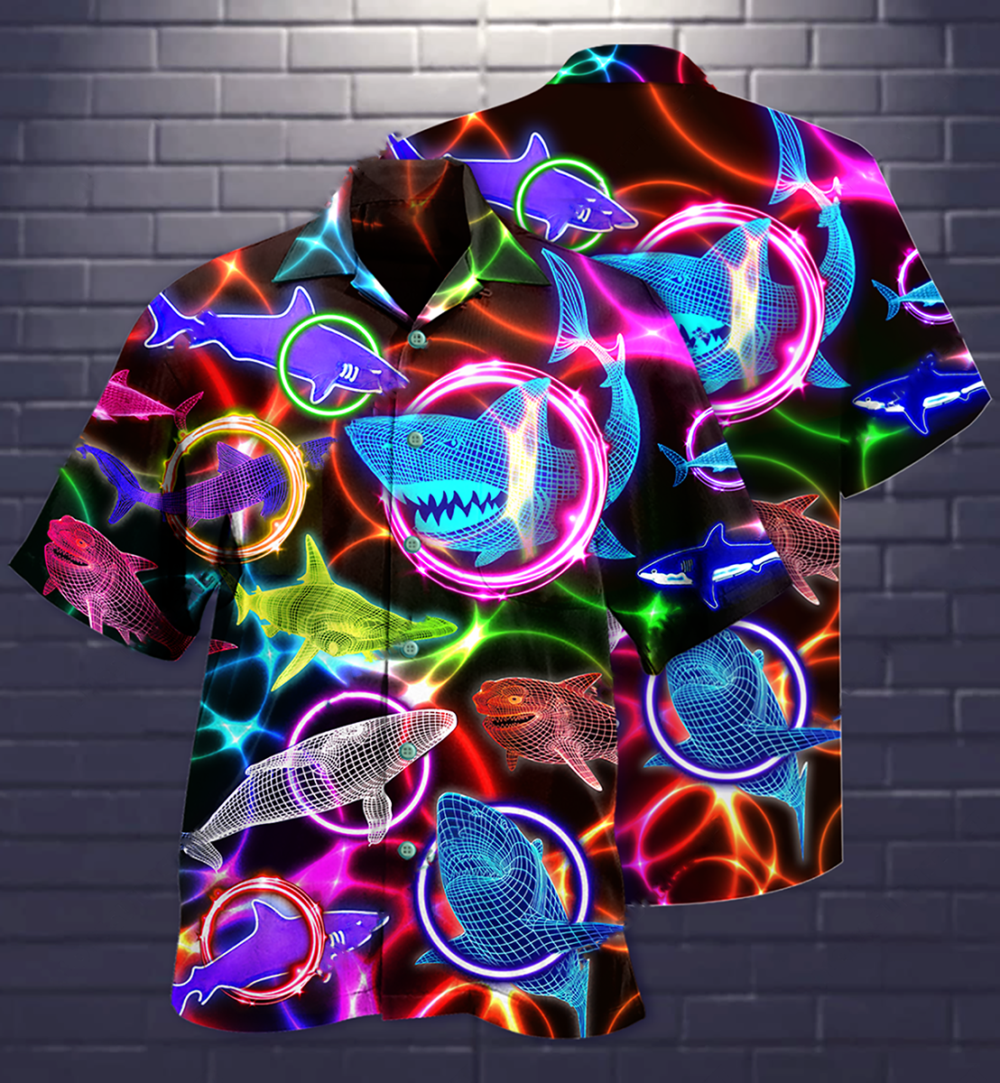 Neon Shark Circle Hawaiian Shirt Artwork View For Weekend Travel And Beach Style