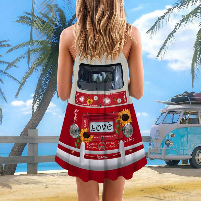 Hippie Van Retro V-Neck Sleeveless Cami Dress For Outdoor Gatherings And Colorful Summer Style