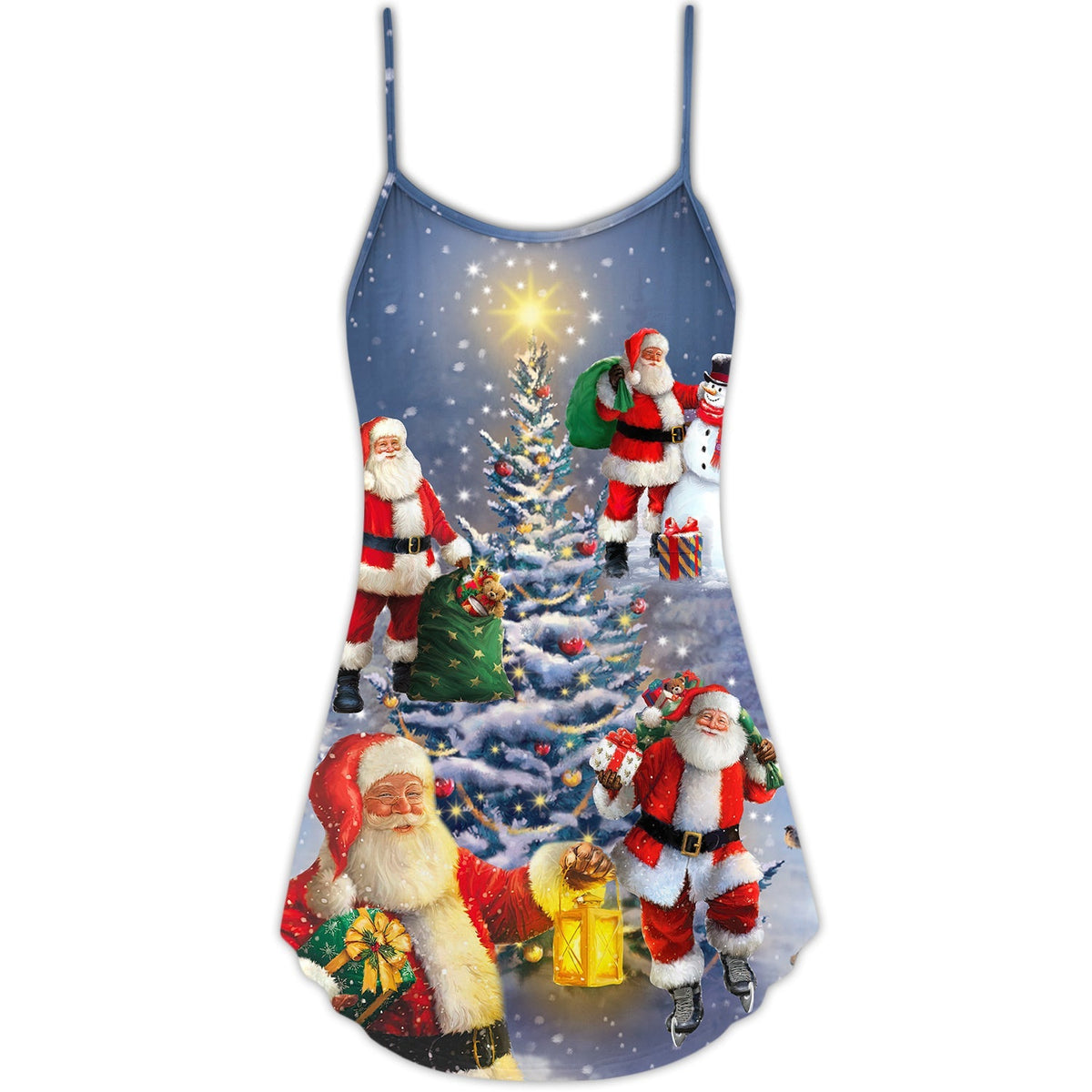 Santa Love Christmas Tree V-Neck Sleeveless Cami Dress For Vacations Parties And Expressive Warm Weather Styling