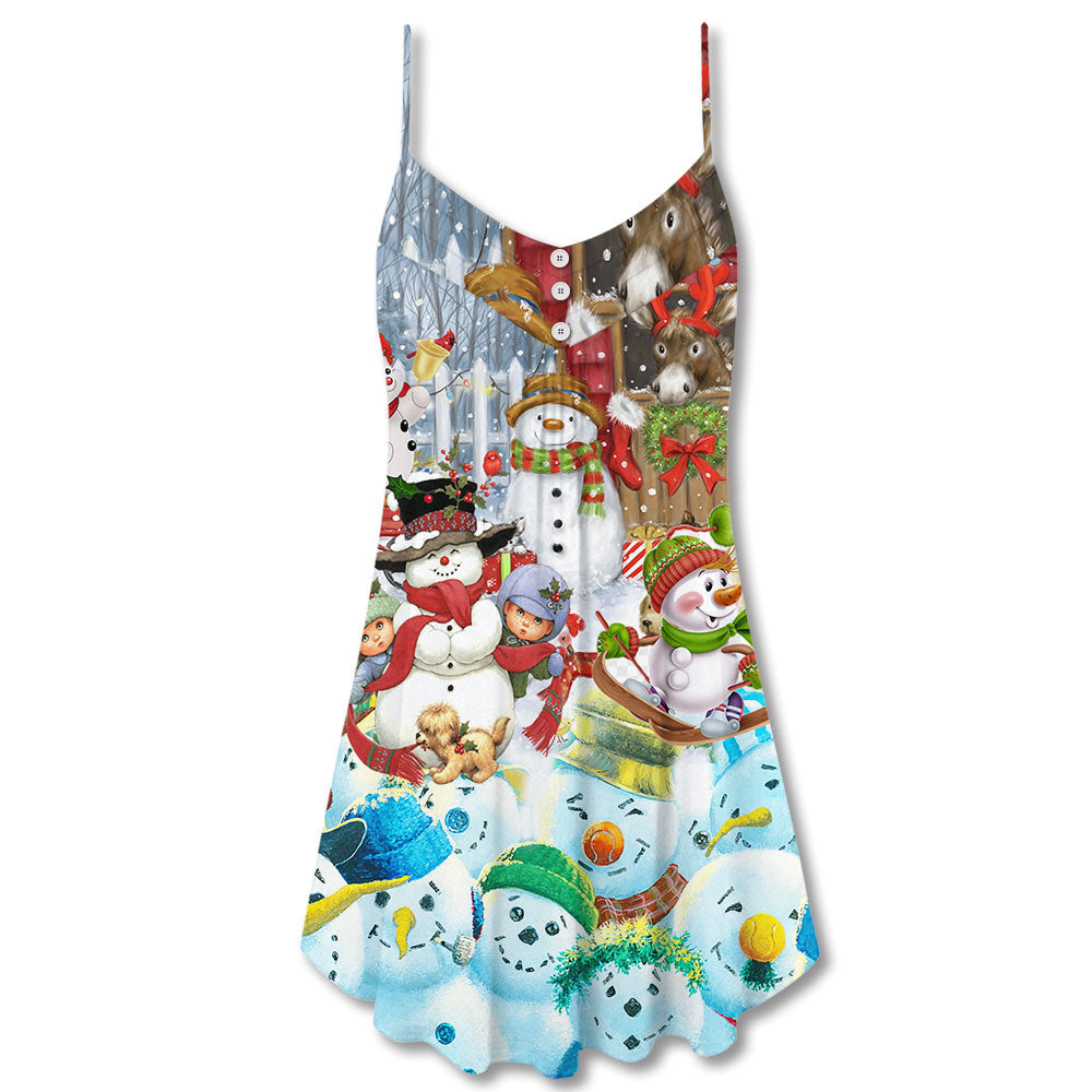Snowman Happy Farm Holiday V-Neck Sleeveless Cami Dress For Christmas Parties Travel And Bright Seasonal Fashion