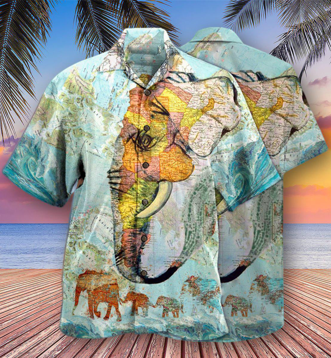 Elephant Map Hawaiian Shirt Pattern Detail For Summer Holidays And Outdoor Fun