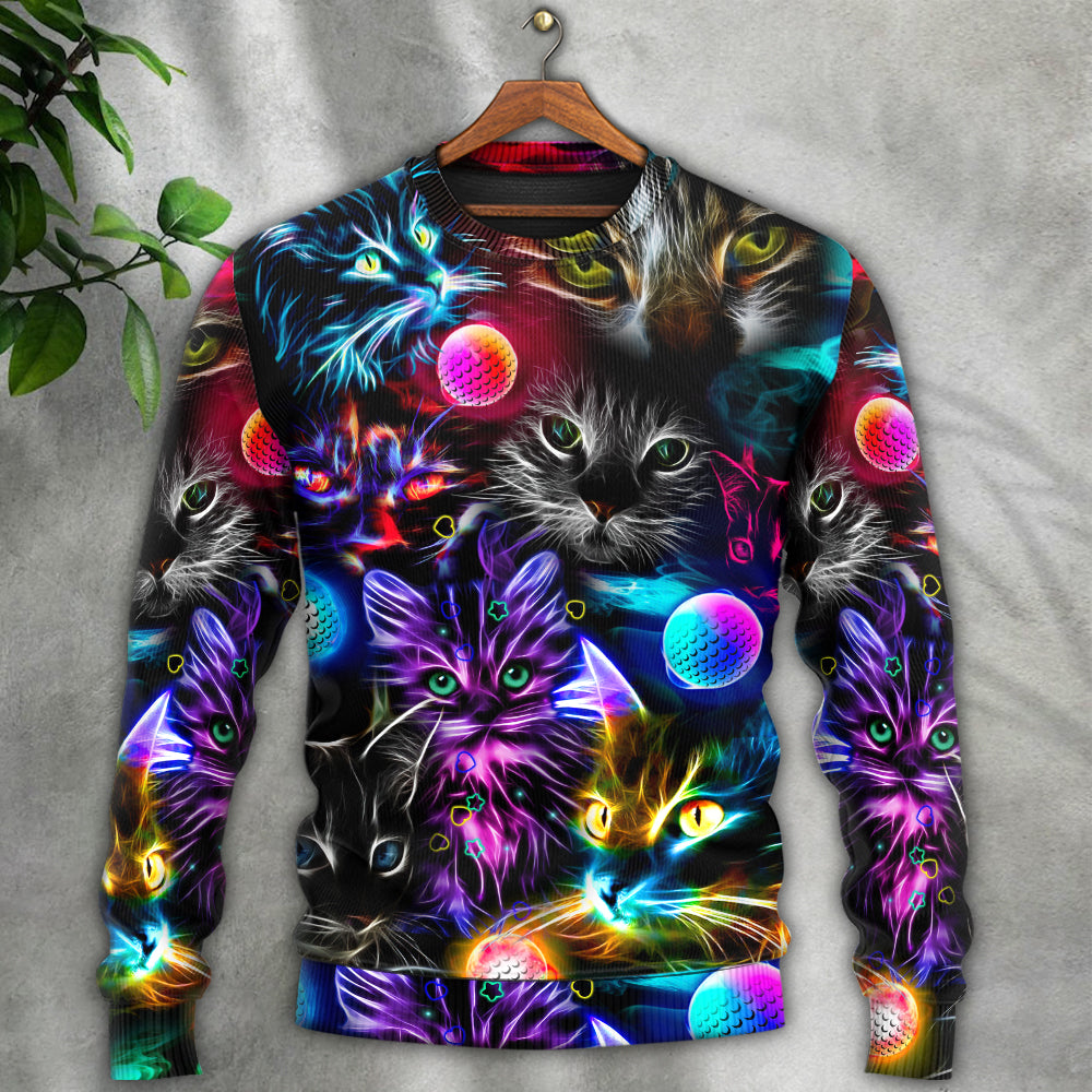 Golf Playing Cat Neon Lightning Sweater For Distinctive Animal Artwork Holidays And Thoughtful Gifts