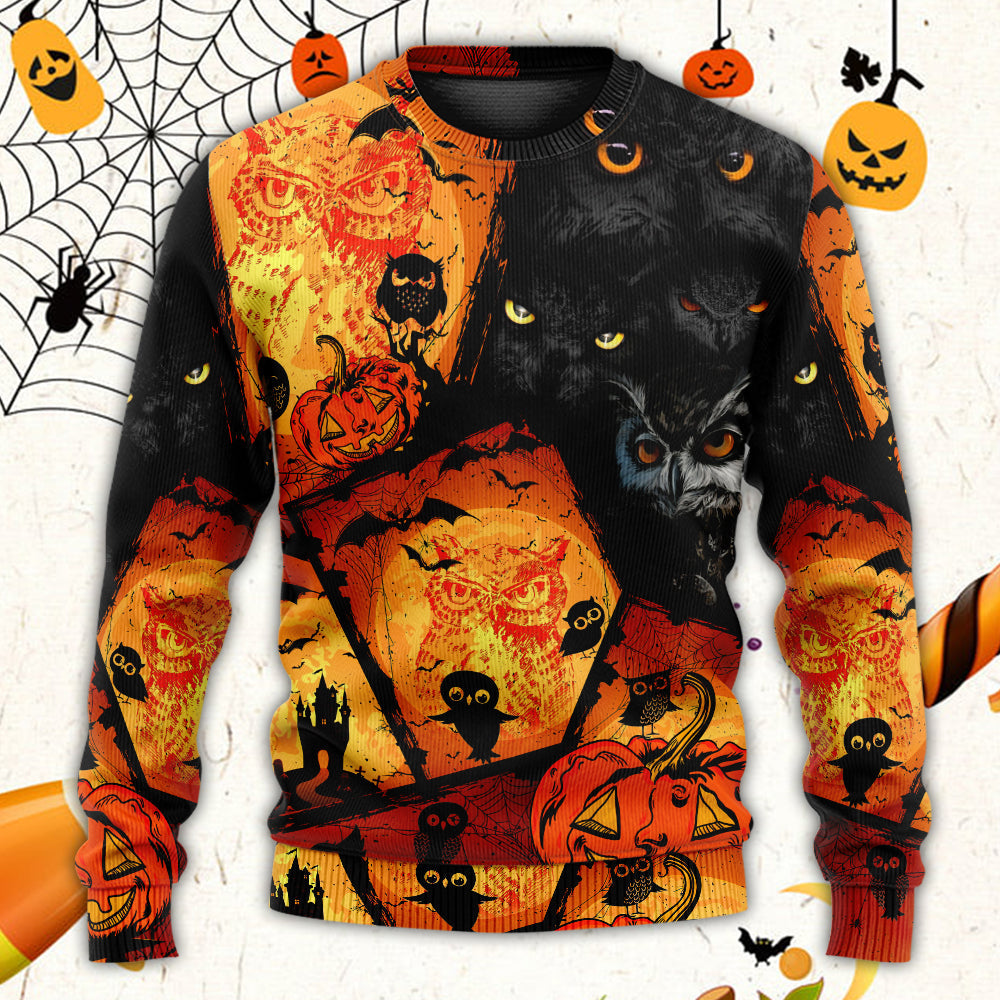 Halloween Owl Pumpkin Night Sweater For Art Lovers Holidays Parties And Comfortable Wear