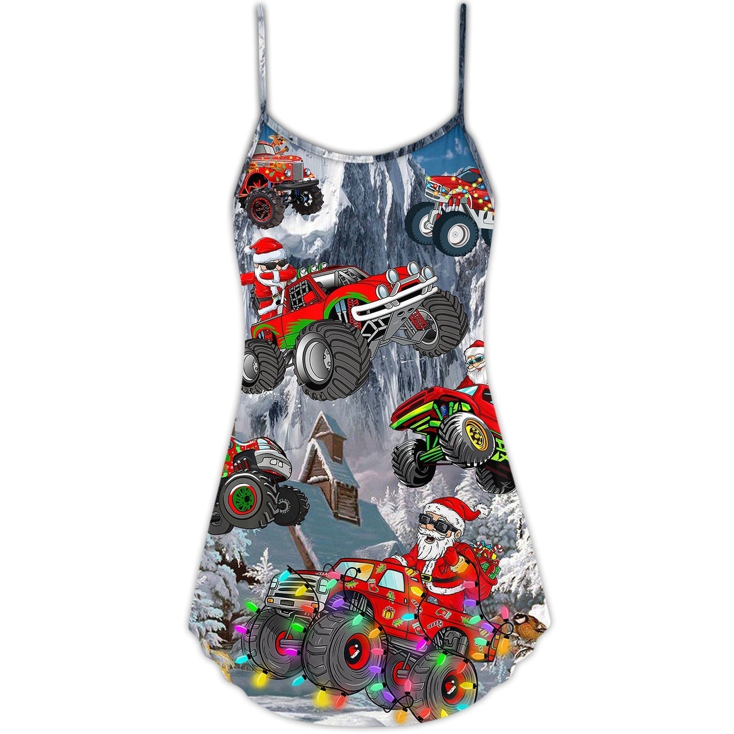 Christmas Santa Driving Red Truck V-Neck Sleeveless Cami Dress For Festive Events And Casual Summer Styling